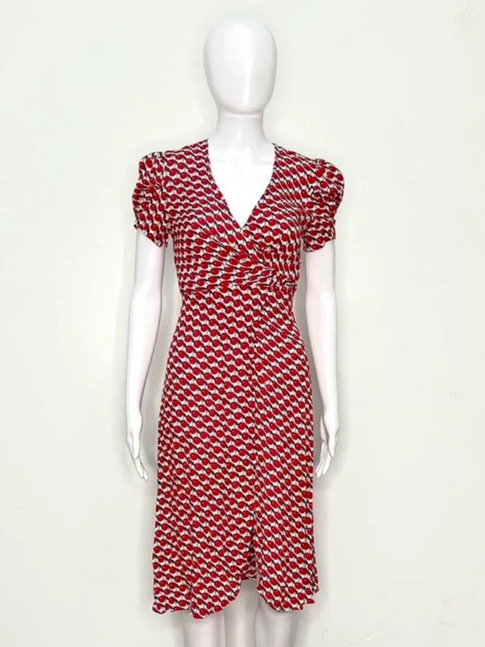 SS 1995 Anna Sui runway cherry print wrap dress w puff sleeves size xs